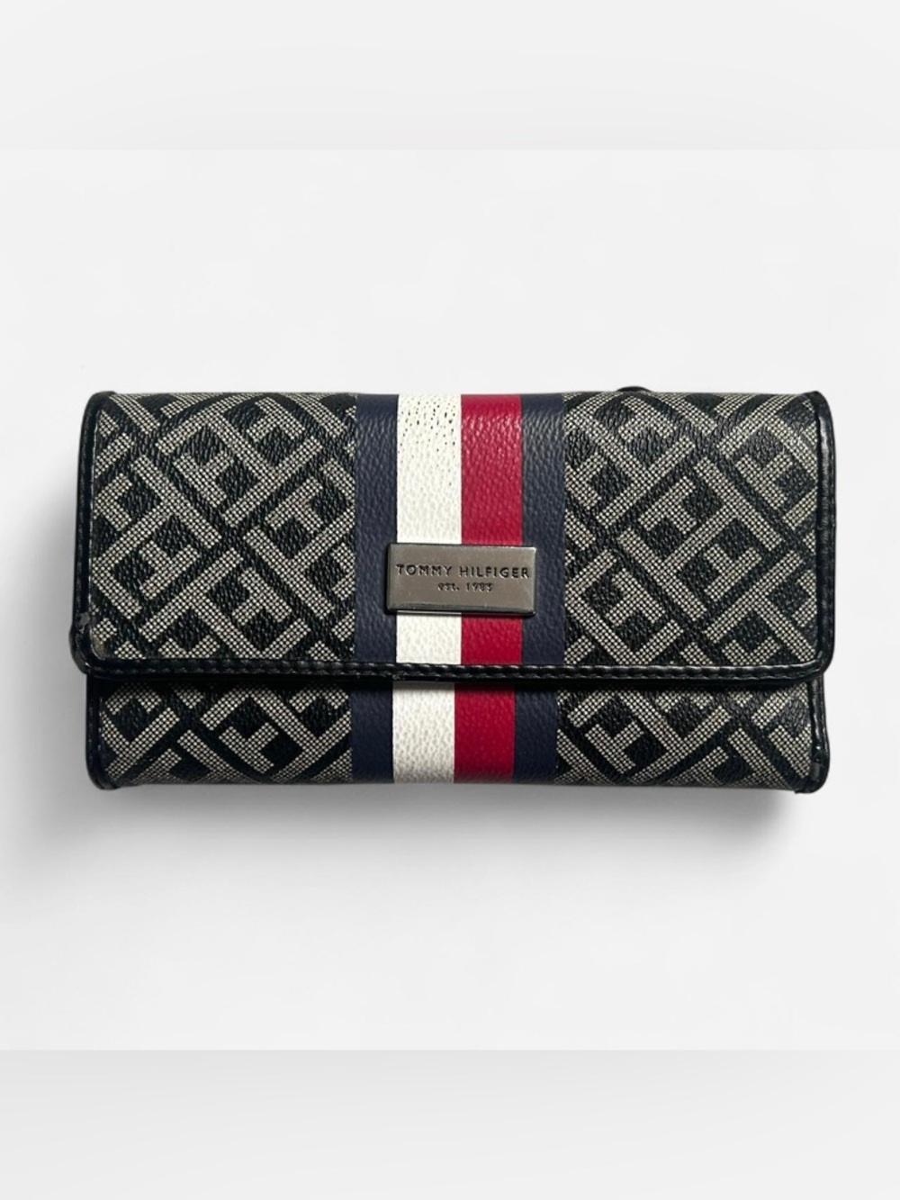 Tommy Hilfiger Monogrammed Trifold Wallet with Red Navy & White Stripe